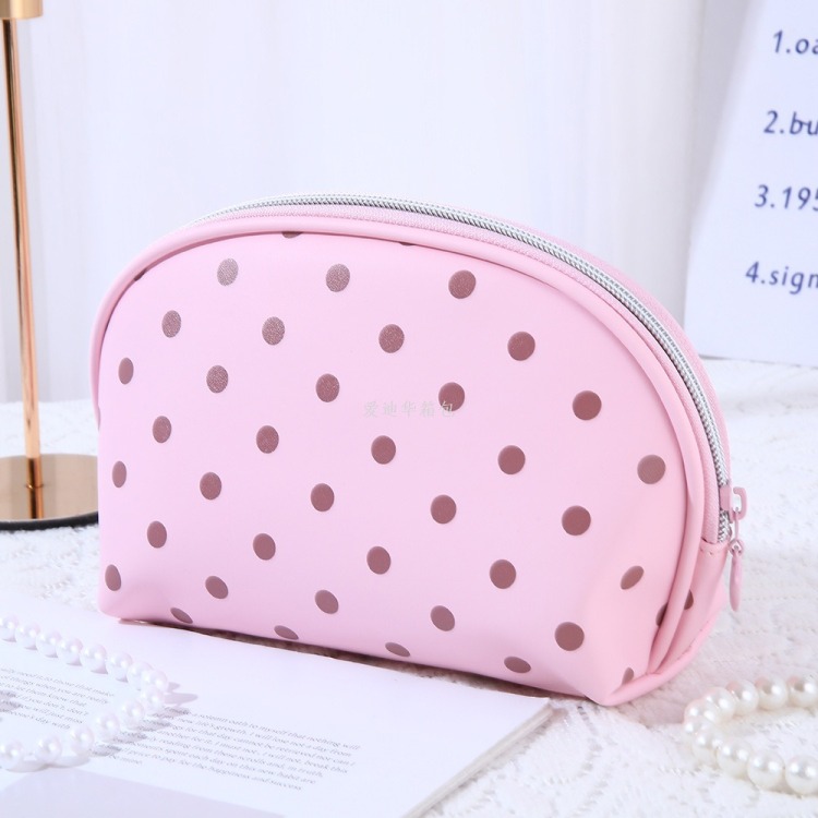 Polka dot shell cosmetic bag for girls, candy-colored cute semi-circular storage bag, waterproof PU portable skin care and cosmetic storage bag