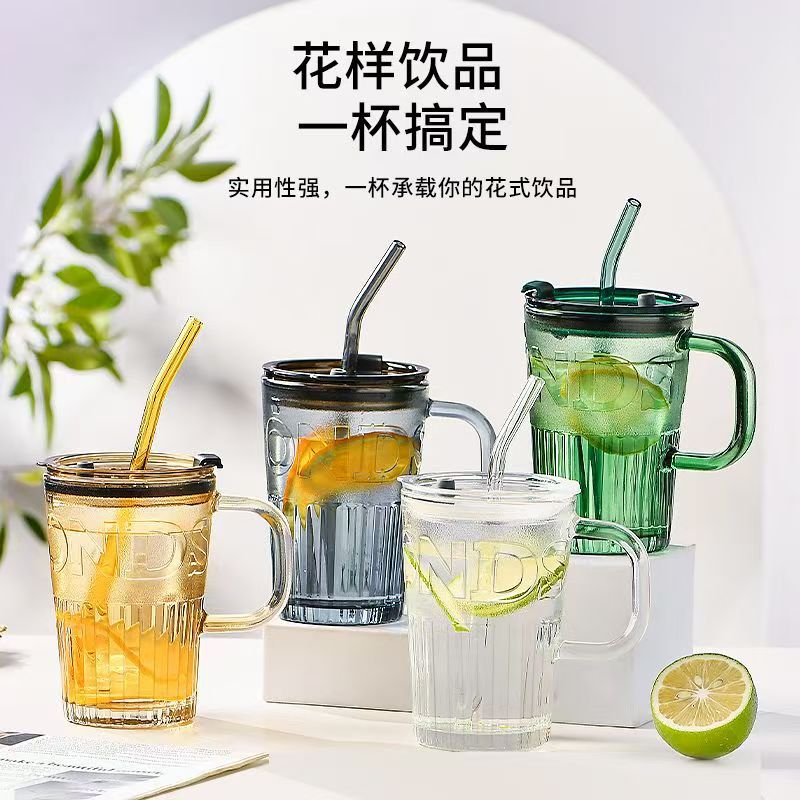 Glass cup, popular straw cup, glass cup, girls' drinking cup with handle, high-temperature resistant, high appearance level gift cup