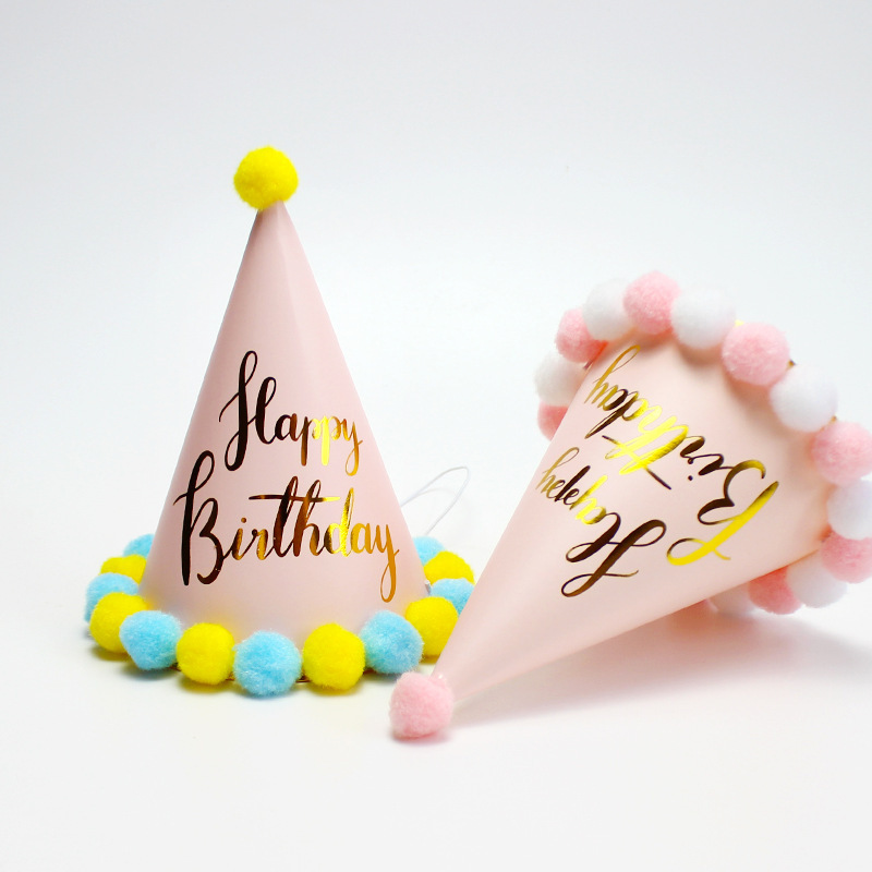 Party hat, pom-pom birthday hat, pointed hat, children's and babies' first birthday, cake shop goddess style Specification image