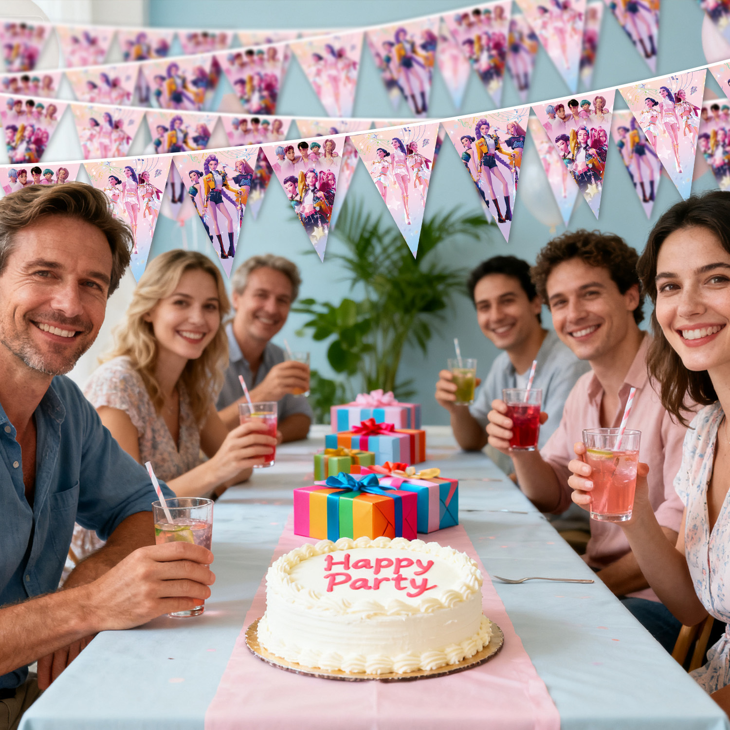 跨境爆款猎魔女团主题生日派对布置三角旗横幅拉旗装饰一次性装饰