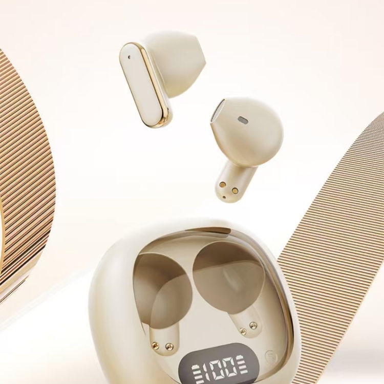 Beige wireless Bluetooth over-ear non-in-ear headphones and charging case