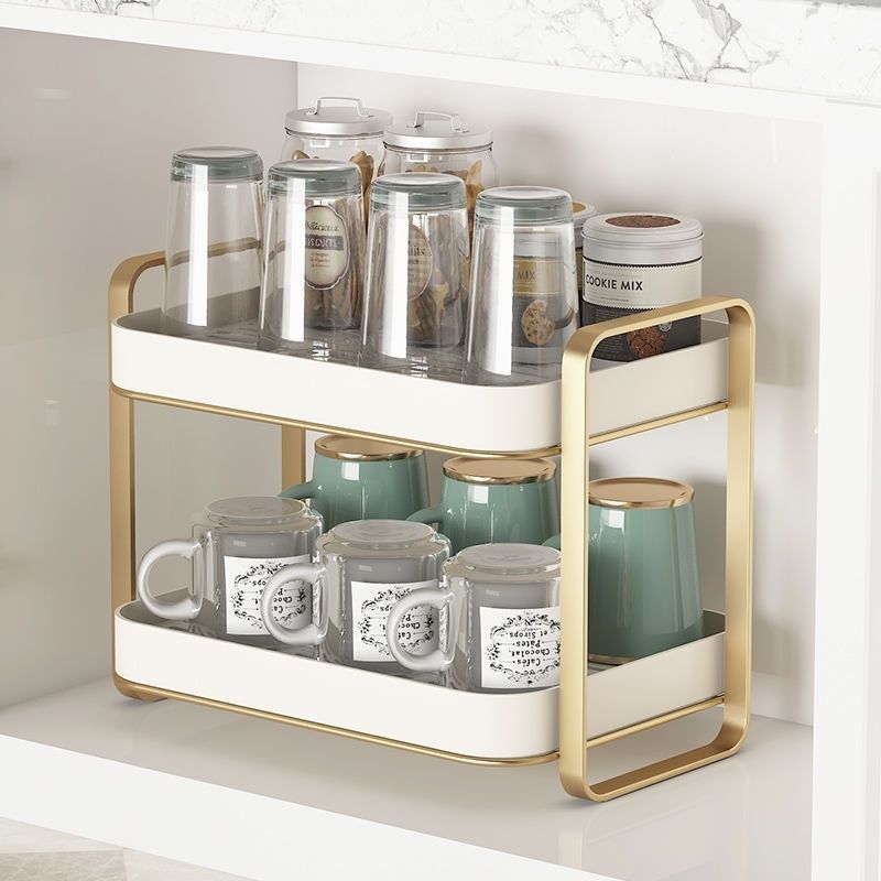 A double-layer household storage rack with a tray for drying glass cups, draining water, and placing tea cups and water bottles