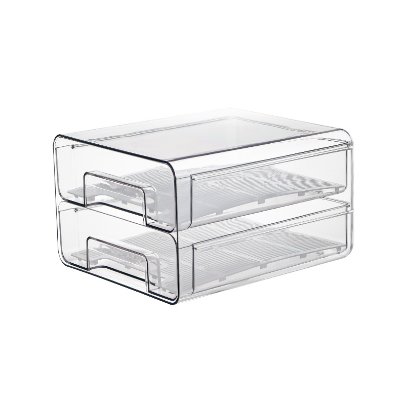 The manufacturer customizes a drawer type PET multi-functional refrigerator storage box that can be stacked for storing fruits, vegetables, draining water and eggs Application Scenario