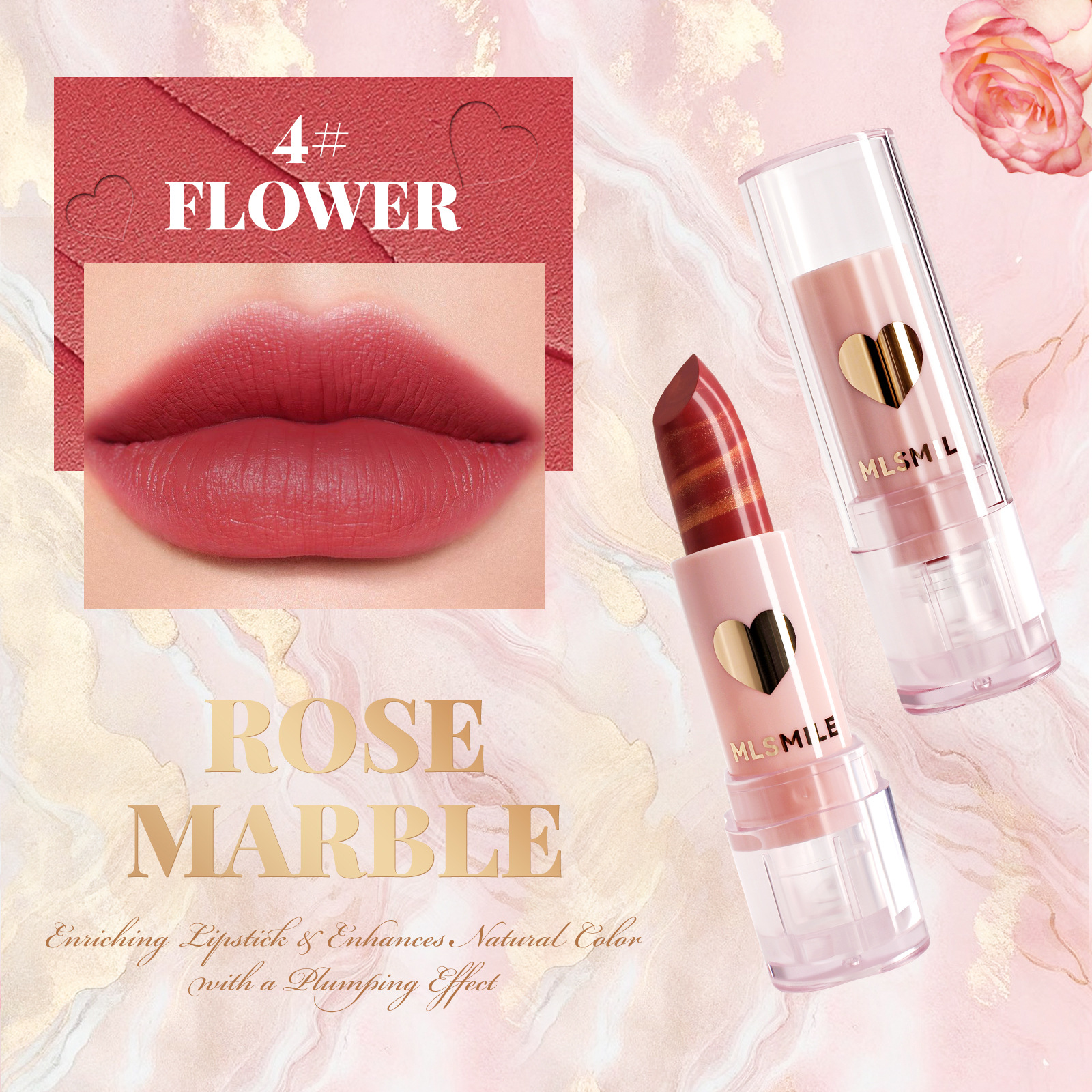 Four new matte marble-patterned lipsticks with satin finish. The matte texture is moisturizing and hydrating, and easy to apply full image