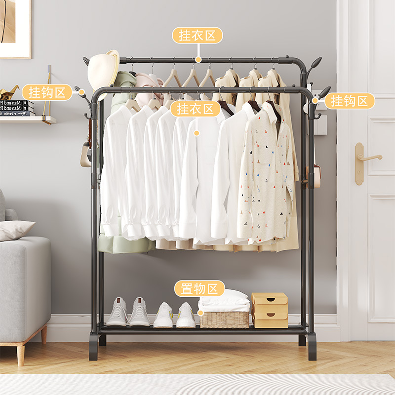 Factory direct delivery cross-border floor-standing clothes rack, vertical double-pole bedroom indoor simple household clothes drying rack, multi-functional type Specification image