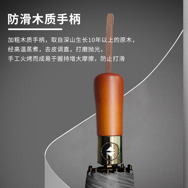 72骨全自动雨伞实木手柄加大加固晴雨伞防晒伞木头商务折叠广告伞详情图2