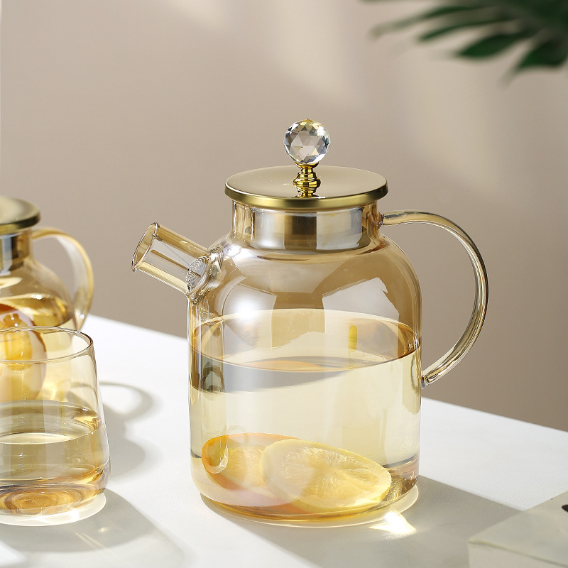 Glass cold water bottle, cool water bottle, high borosilicate glass large-capacity cold water cup, tied pot, amber gold light luxury bamboo lid pot