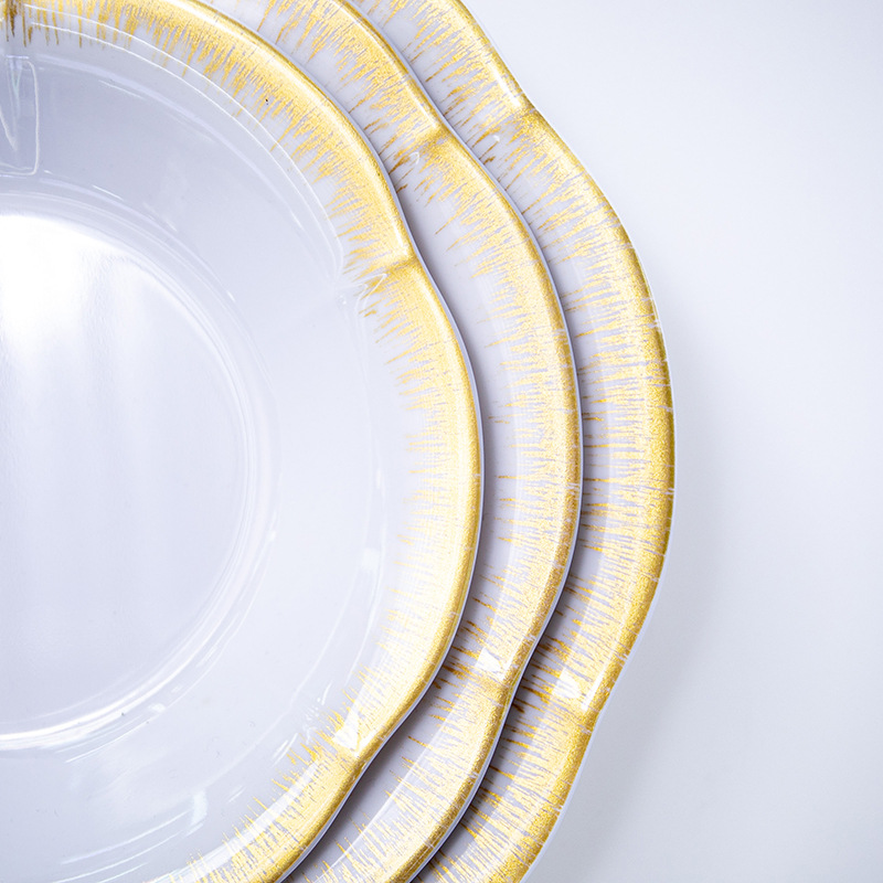 Wholesale of golden imitation porcelain round plates, melamine tableware, plastic plates, buffet Western plates, household and commercial round plates details Picture