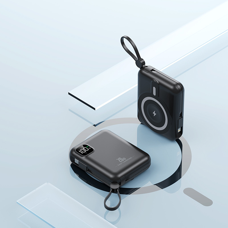 新款自带线Magsafe磁吸15W无线充电宝22.5W快充移动电源可充手表白底实物图