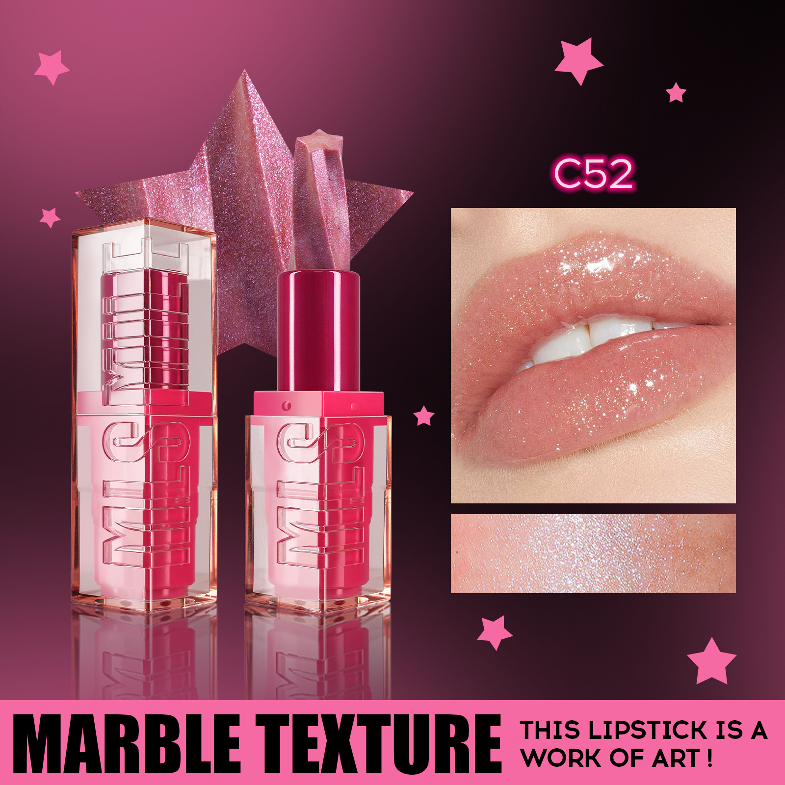 Four-color glittering five-pointed star spiral waterproof glitter cream luxurious lipstick, fashionable moisturizing and easy to apply lip gloss details Picture