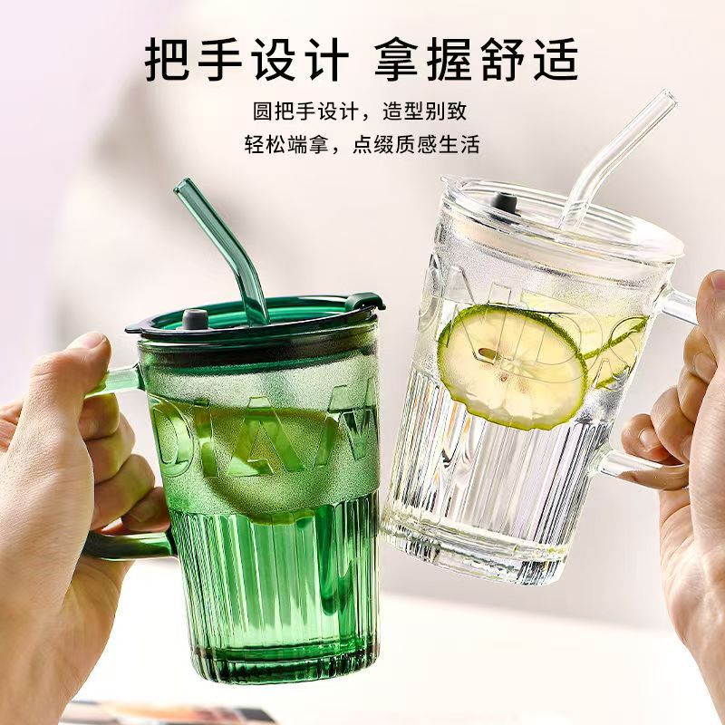 Glass cup, popular straw cup, glass cup, girls' drinking cup with handle, high-temperature resistant, high appearance level gift cup details Picture