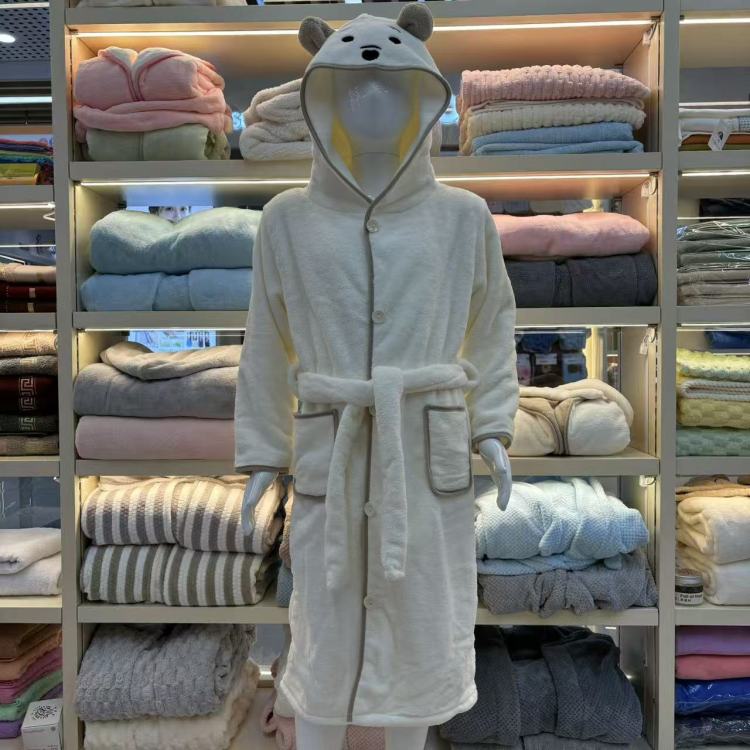 Children's autumn and winter bathrobes, warm bathrobes for children, boys and girls with buttons, cartoon bear hats