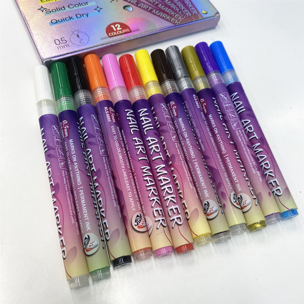 Cross-border 12-color nail art graffiti and painting set, multi-color nail art pieces, painting, high-gloss markers, drawstring pens wholesale details Picture