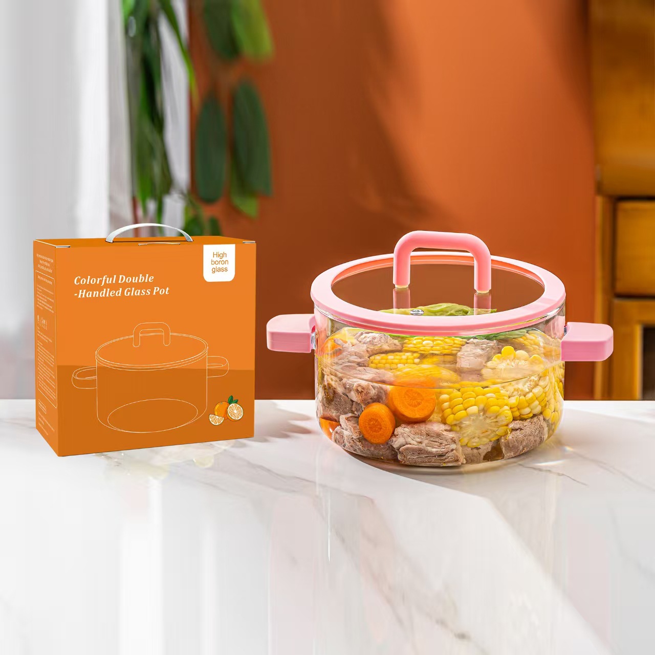 High appearance level, colorful double-ear glass pot, household colorful soup pot, milk pot, instant noodle pot, event opening gift, casual gift details Picture