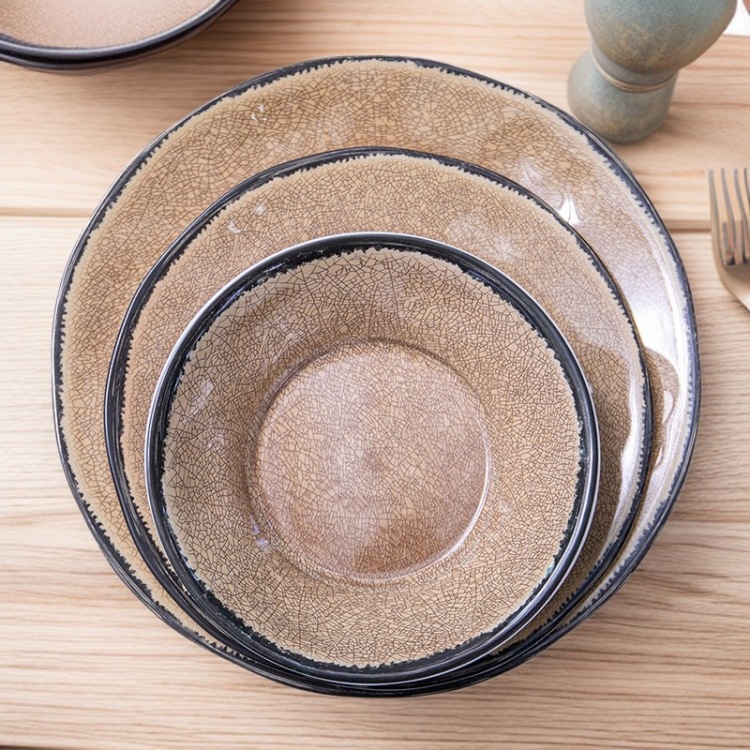 跨境密胺餐具批发圆形条纹盘小吃咖啡色密胺餐具茶餐厅 港式盘