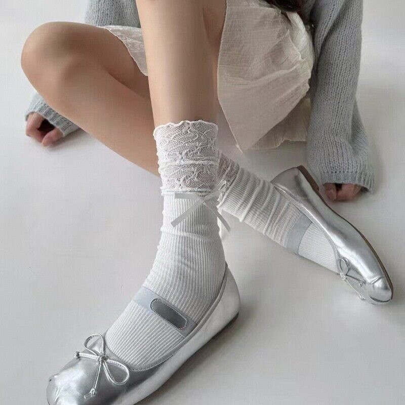 miu系芭蕾小腿袜子女竖纹蕾丝拼接堆堆袜春夏薄款网眼透气jk长袜