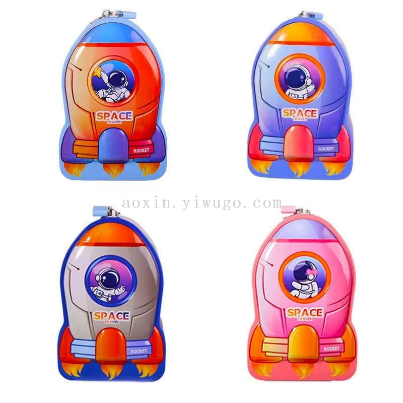 生日储存罐可爱金属创意儿童礼品铁皮带锁存钱罐学生火箭储蓄罐