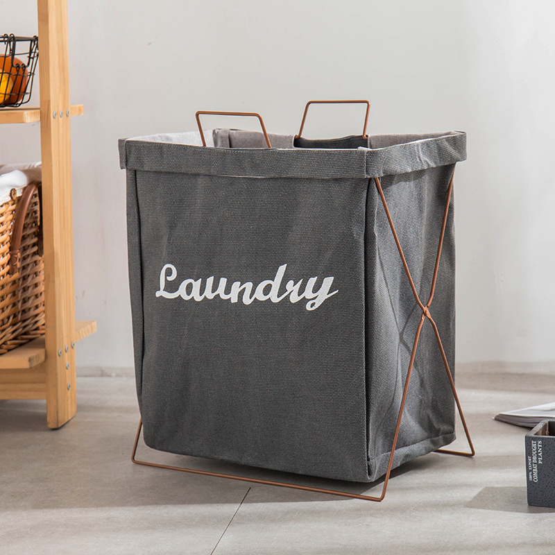 Waterproof cotton and linen laundry basket, dirty clothes basket, clothes storage basket, Japanese simple iron frame, fabric folding dirty clothes basket bucket Item Picture