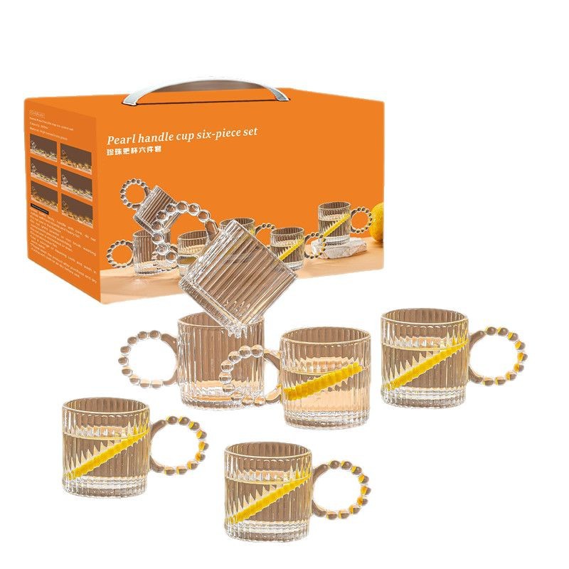 Pearl handle cup six-piece set, vertical patterned transparent cup, glass wine glass with handle, vertical patterned amber glass for home use Application Scenario