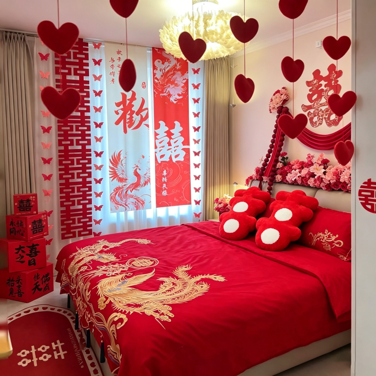 A pair of wedding gifts featuring Chinese-style "happiness" character cushions, "happiness" character curtains, straps and bed dolls for friends details Picture