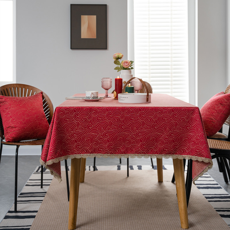 结婚庆新年喜庆提花羽毛树叶金色花边桌布茶几餐桌布盖巾防水代发白底实物图