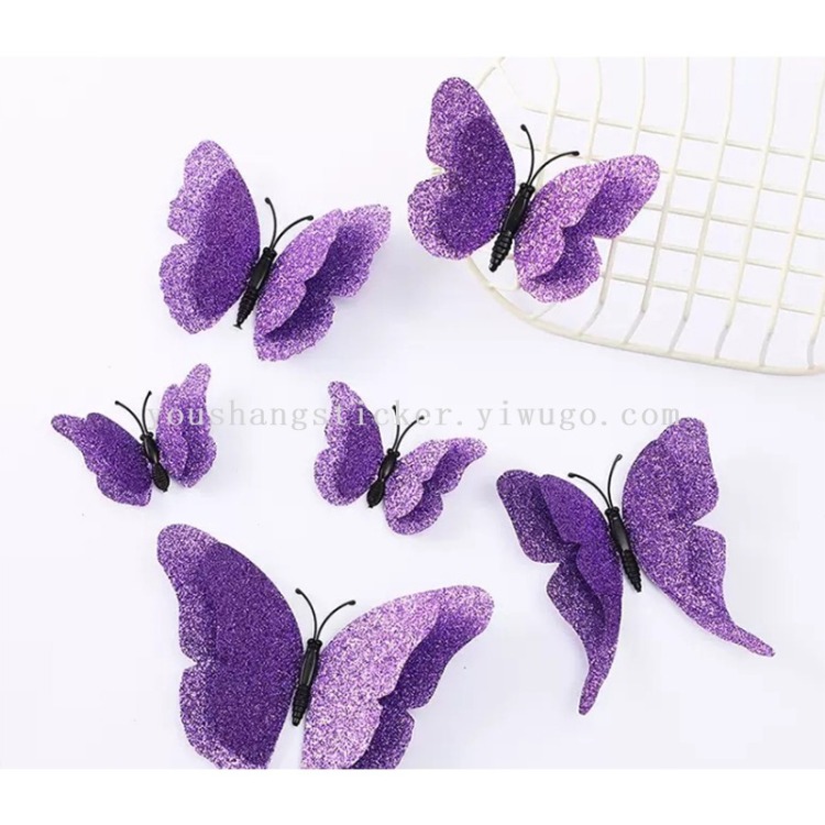 Three-dimensional glitter butterfly figurine, double-sided powder-sprayed simulation butterfly wall window display party decoration prop