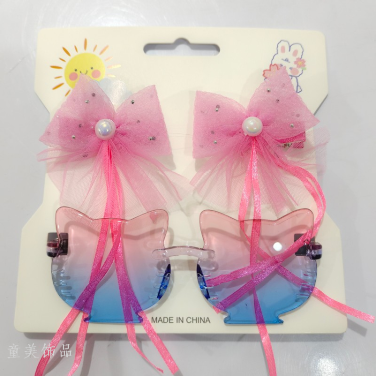 儿童发夹眼镜套装发夹泡泡纱烫钻加飘点钻可爱女童发饰小猫墨镜