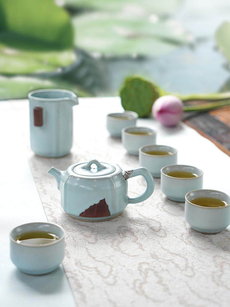 Taiwan Lu Bao Antique Ru Kiln Tea sets, high-end home and office tea set, Rain Over Sky Green Tea Set Gift box