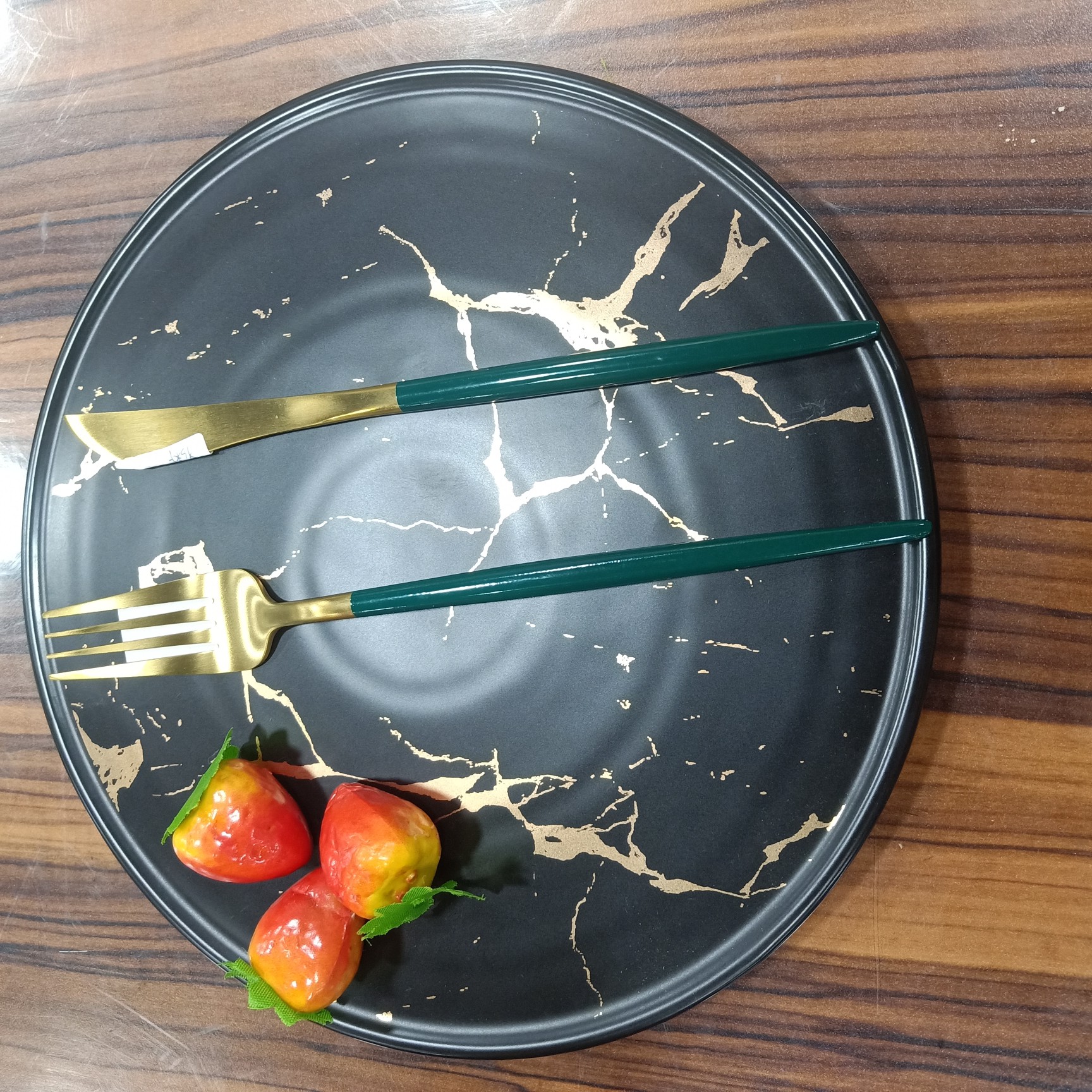 北欧风格大理石纹白金黑金10寸圆形平板碟 披萨碟 牛排碟