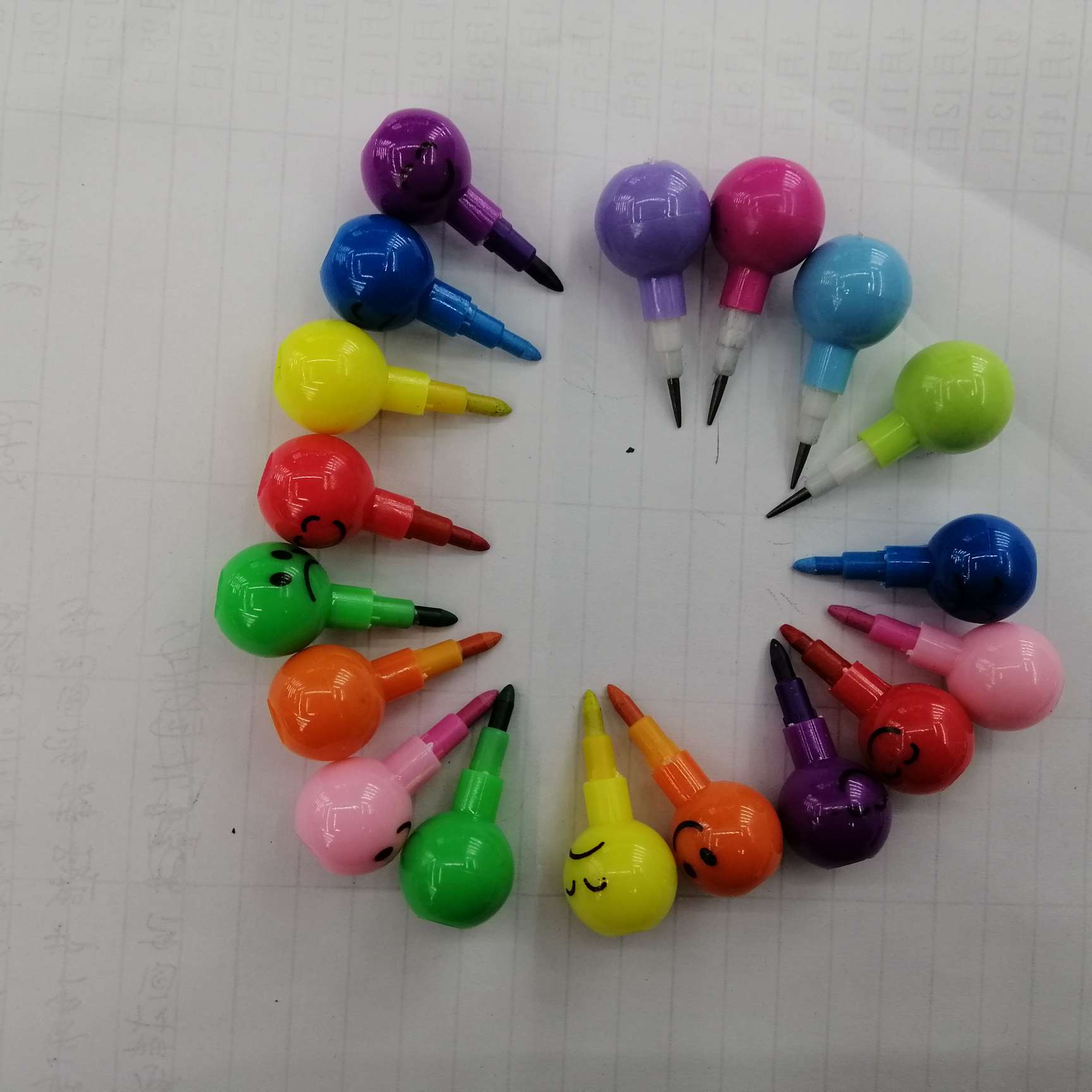 Seven smiling face pens and pencils Specification drawing