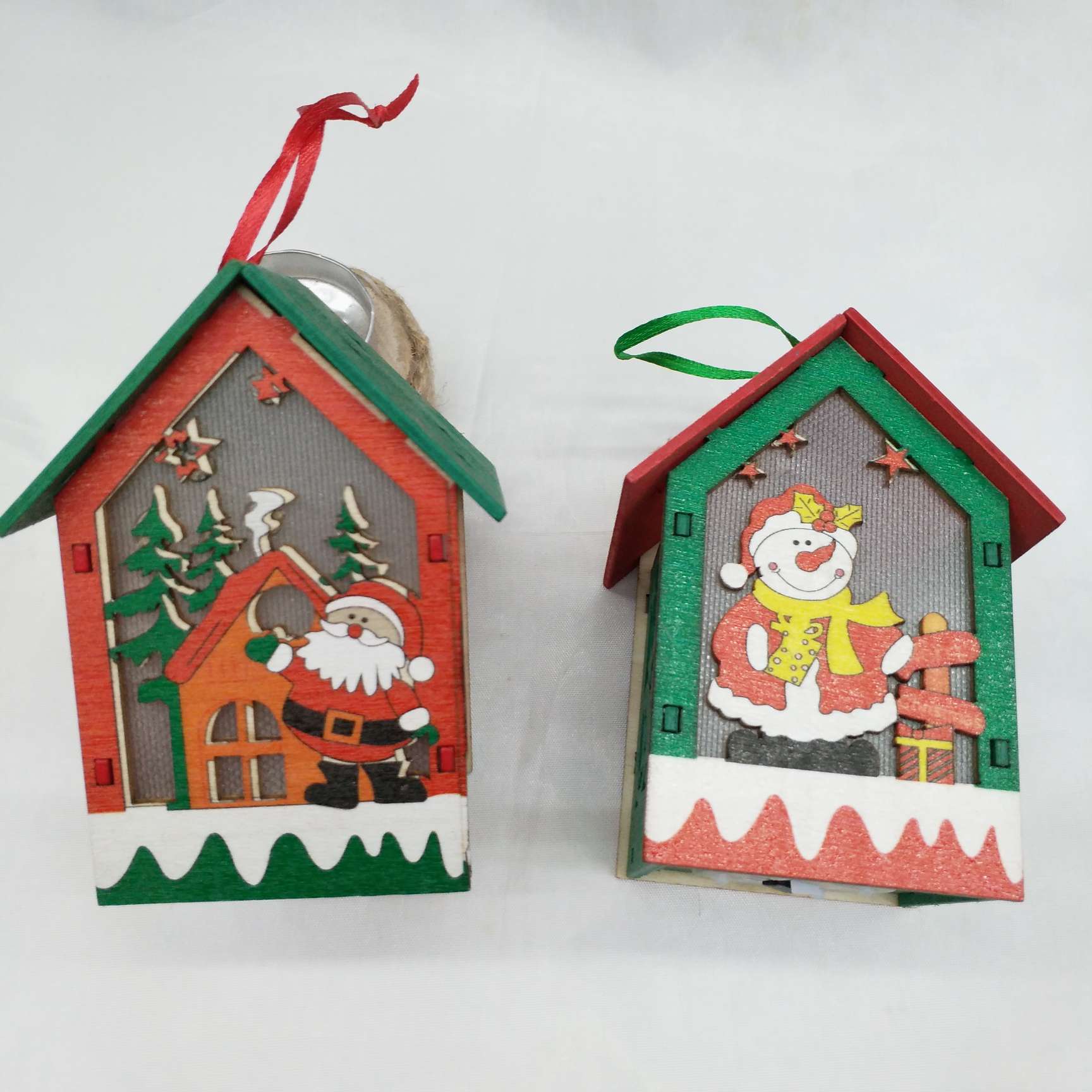 Wooden Christmas pendants for houses with lights and decorative accessories