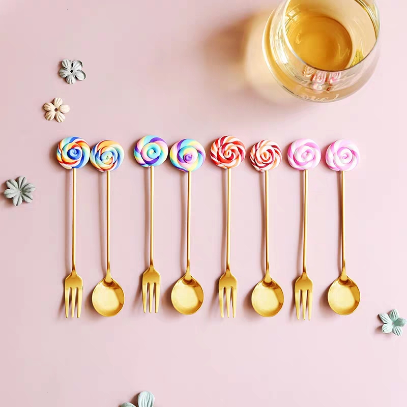 卡通可爱棒棒糖水果叉甜品勺创意咖啡勺搅拌勺不锈钢网红ins蛋糕勺叉细节图