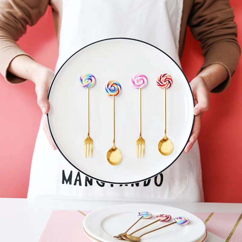 卡通可爱棒棒糖水果叉甜品勺创意咖啡勺搅拌勺不锈钢网红ins蛋糕勺叉白底实物图