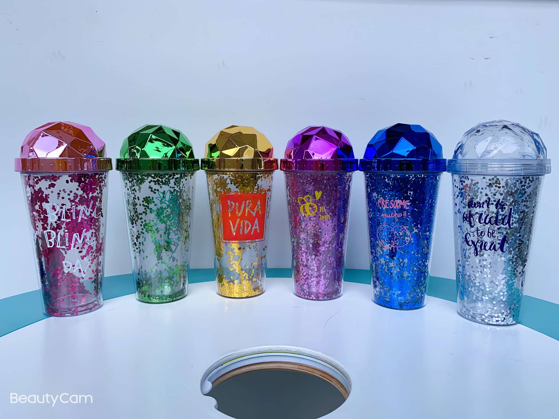 New plastic straw cup diamond cover double layer plastic water cup plating cover Bling powder series 450ml multi-color optional customized LOGO thumbnail
