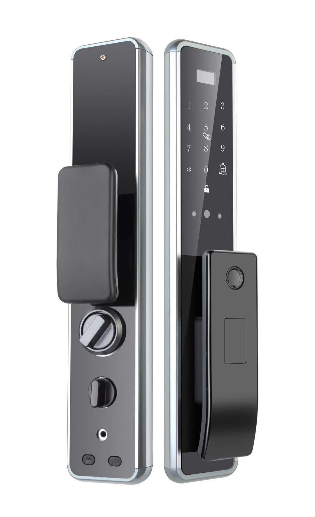 FZ7全自动智能锁
亮黑 银灰两色
氧化处理，指纹，密码，刷卡，钥匙，手机临时密码五合一功能图