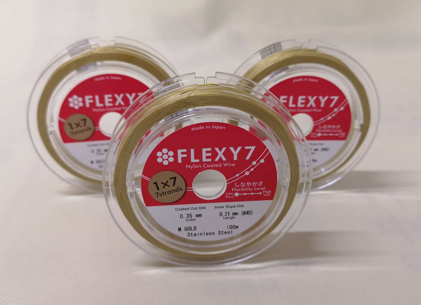 日本FLEXY1*7股珠宝钢丝线，0.35mm，金色，100米/卷白底实物图