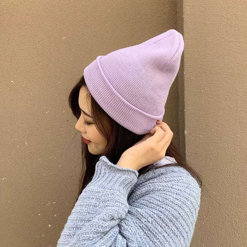 光板糖果毛线帽子女韩版潮男纯色情侣针织套头帽秋冬天冷帽潮白底实物图