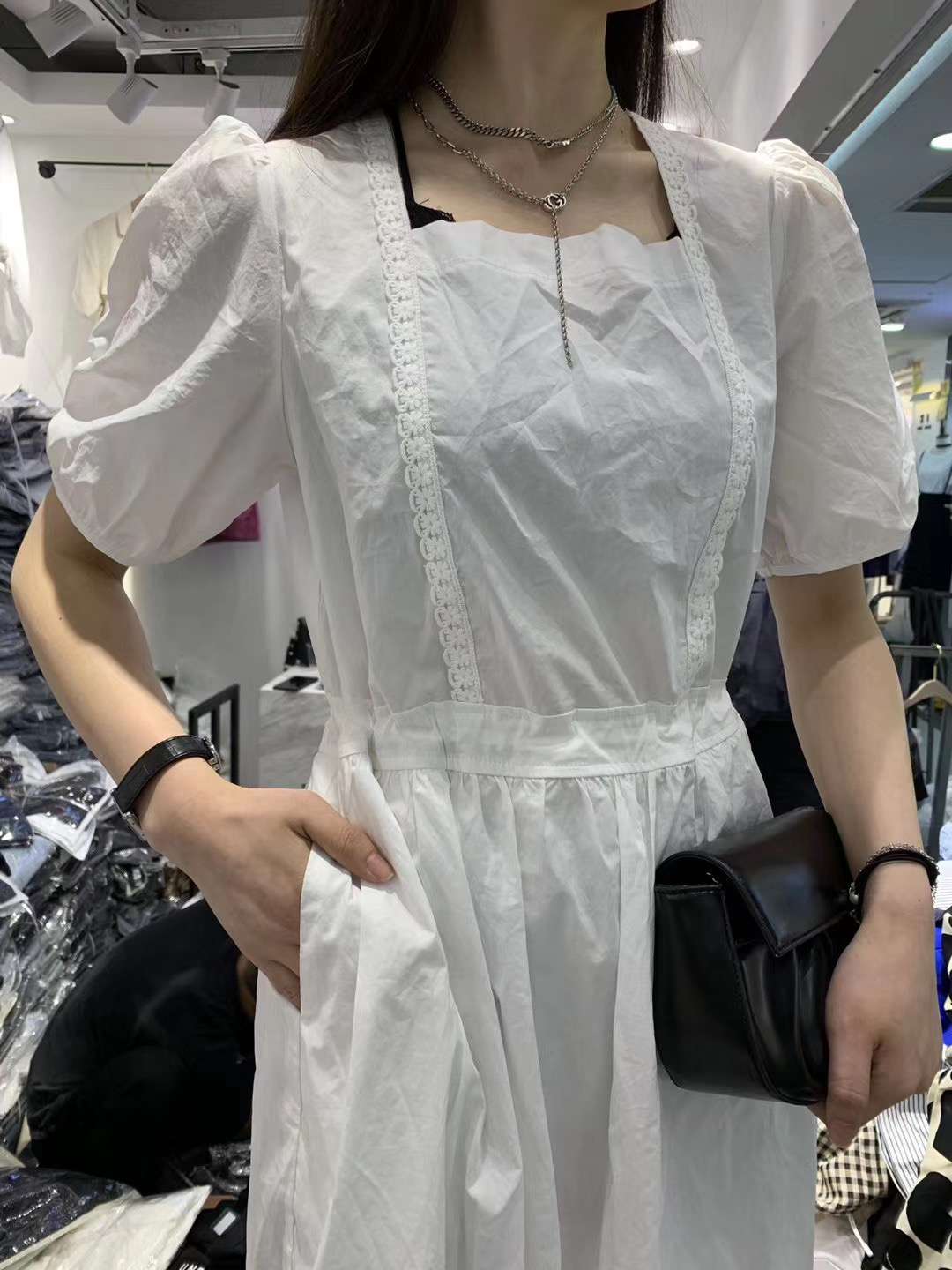 Korean summer gentle style, simple square collar, retro waist-cinching and slimming dress, orange long dress details Picture