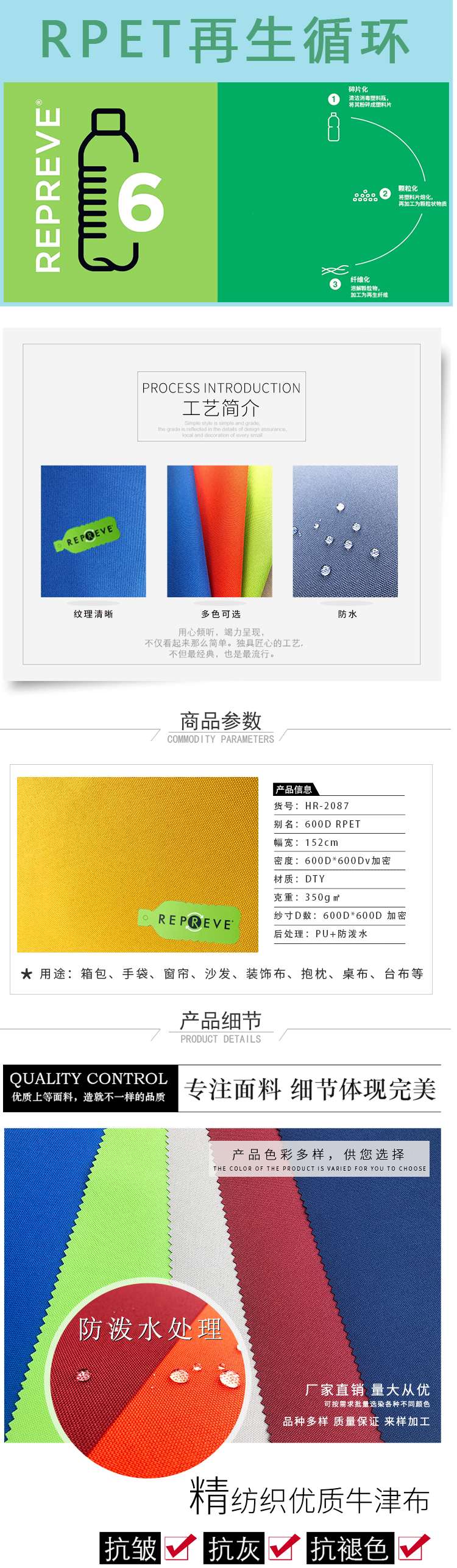 600D RPET环保再生料可回收布料可乐瓶抽纱面料PU防泼水详情图7
