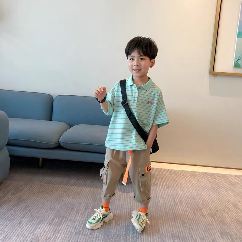 男童短袖t恤夏季新款韩版中大童条纹POLO衫儿童翻领上衣宽松半袖图