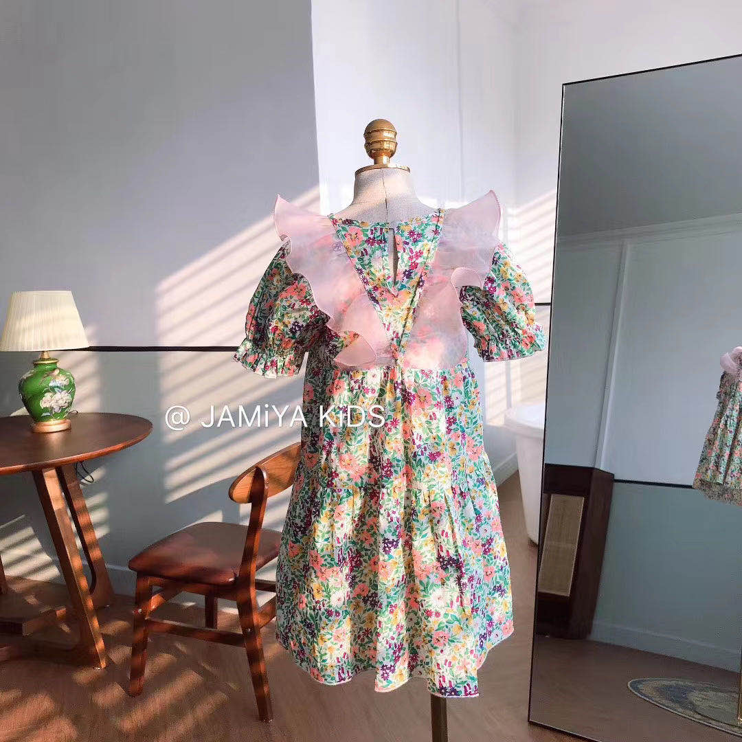 2020年夏季新款 韩国品牌女童碎花连衣裙 雪纺露背蛋糕裙白底实物图