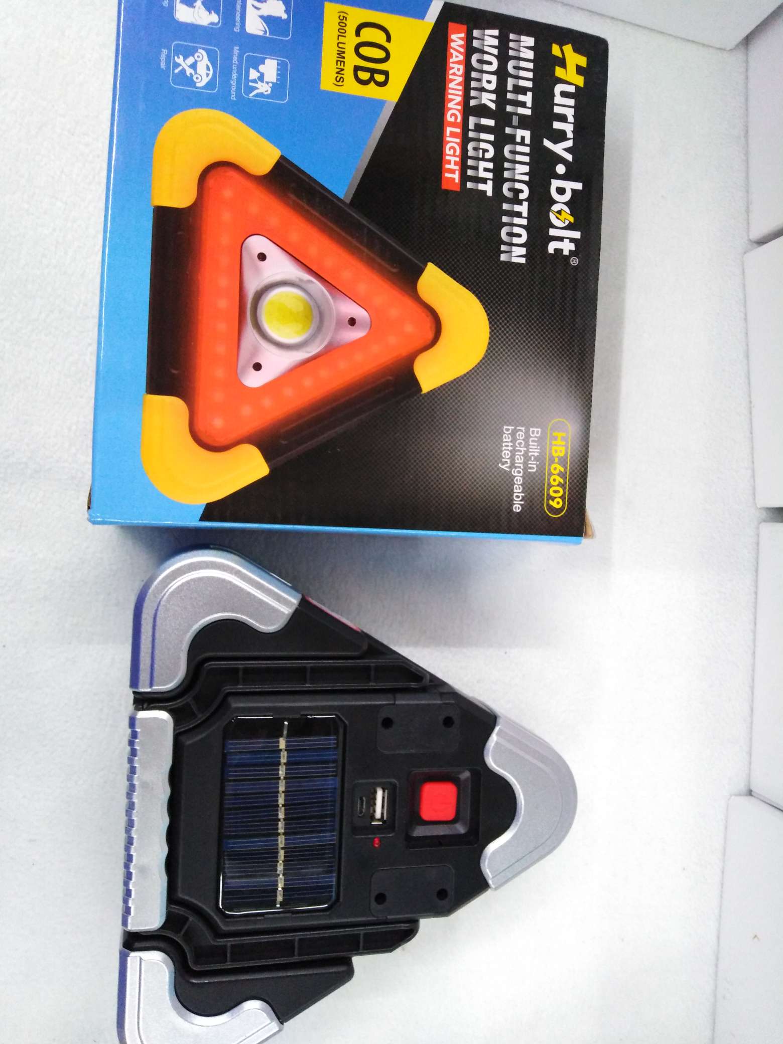 H13-6099 solar USB charging triangle lamp, main lamp COB white ten auxiliary lamp red warning lamp, color box ten USB cables, one piece of 60Pcs thumbnail