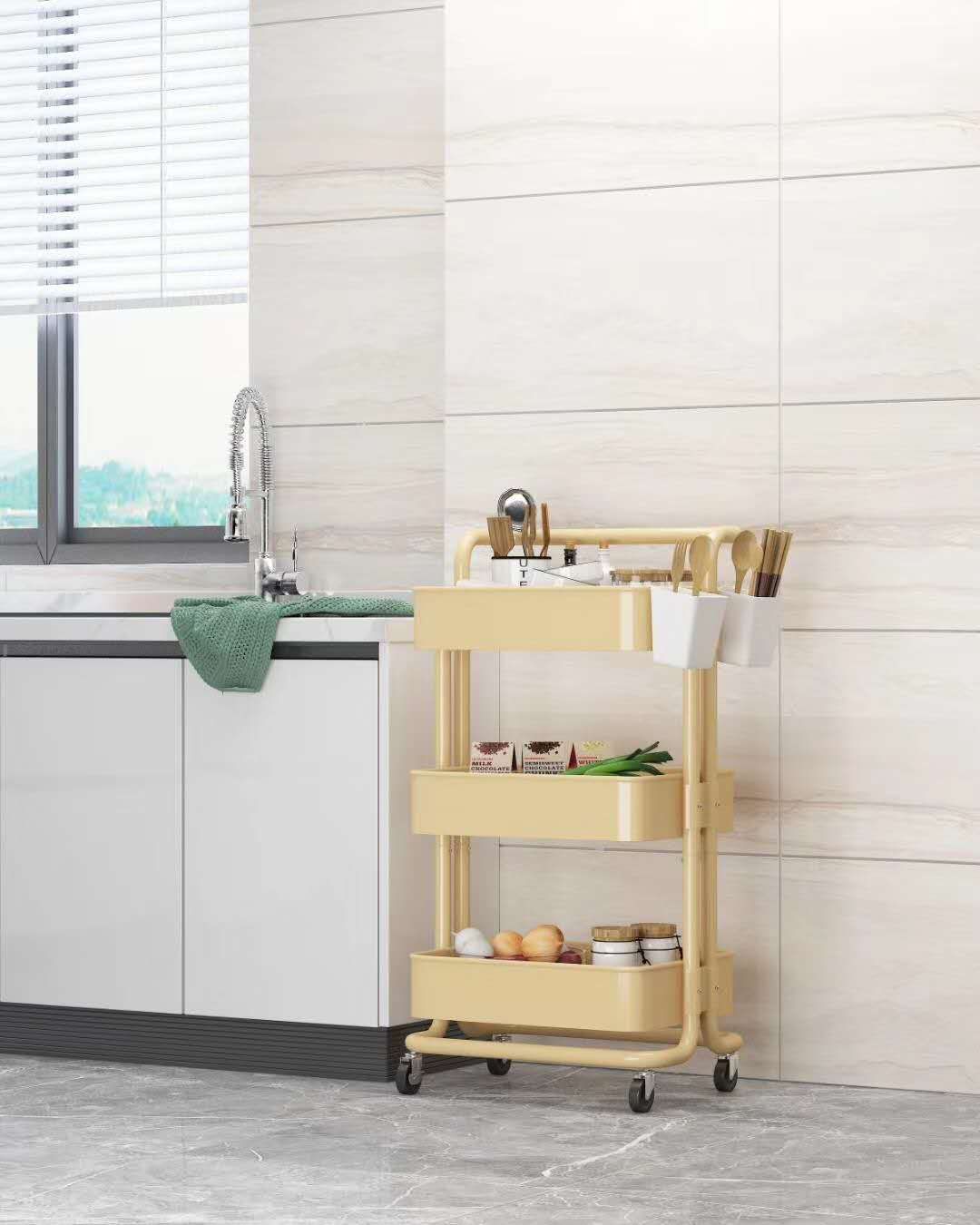 Three-layer movable small trolley home IKEA storage rack, kitchen storage rack, living room beauty salon storage rack Application Scenario