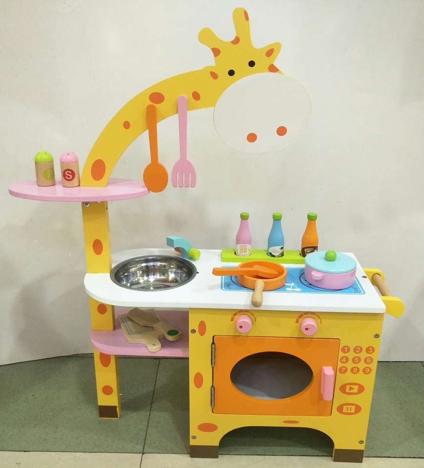 A wooden toy stall selling role-playing and educational toys