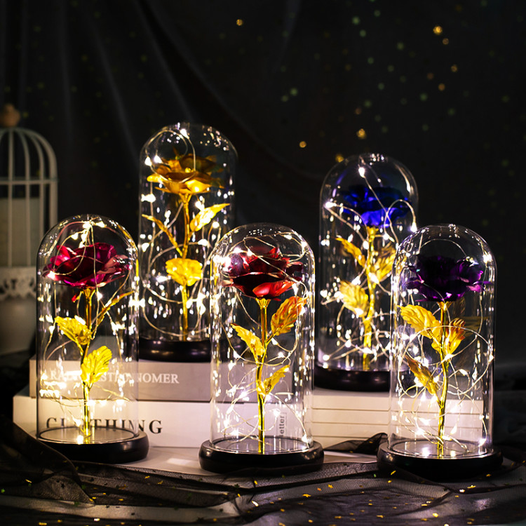 24K金箔玫瑰花发光带灯永生金箔玫瑰花玻璃罩led礼盒套装摆件详情图2