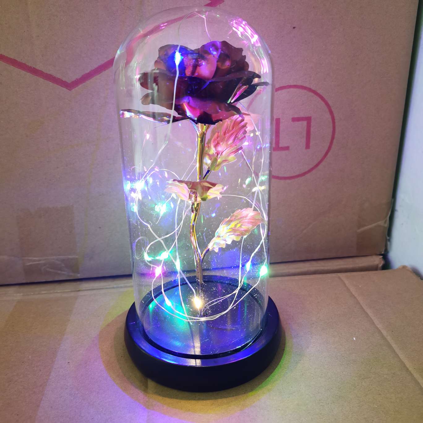 24K金箔玫瑰花发光带灯永生金箔玫瑰花玻璃罩led礼盒套装摆件详情图3