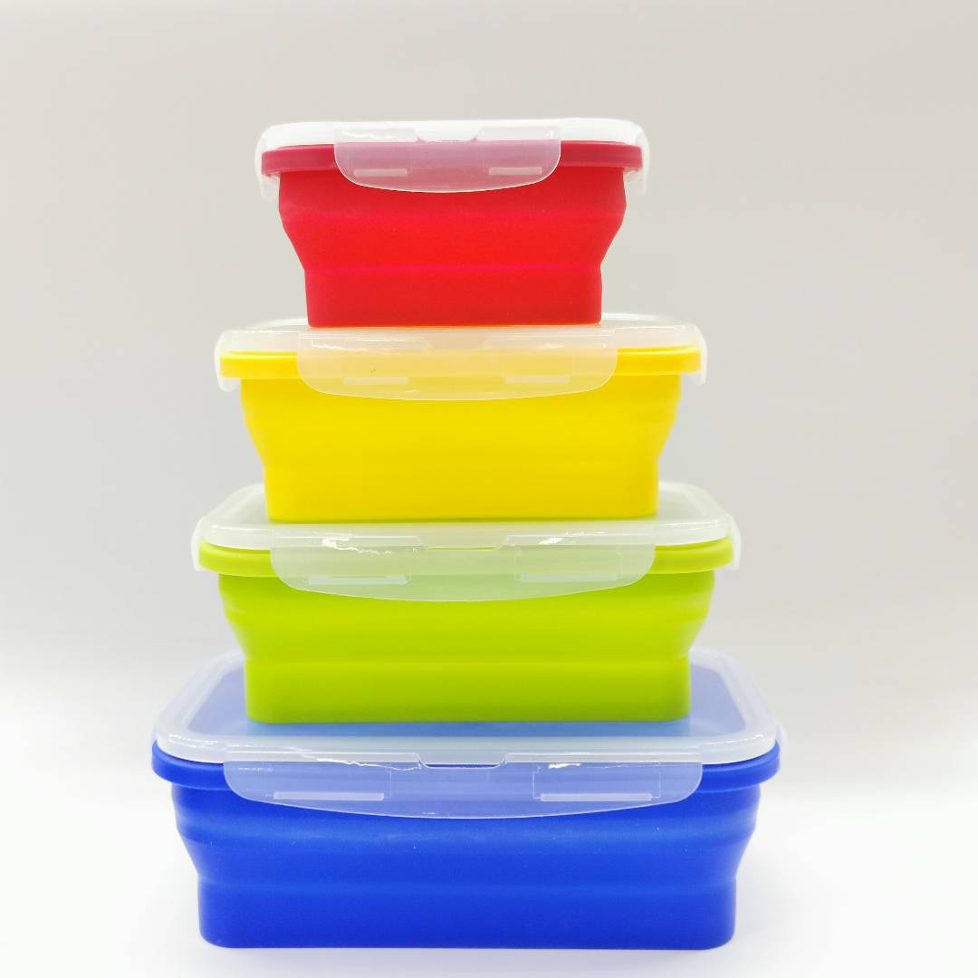 彩虹色硅胶饭盒四件套可折叠保鲜盒详情图3