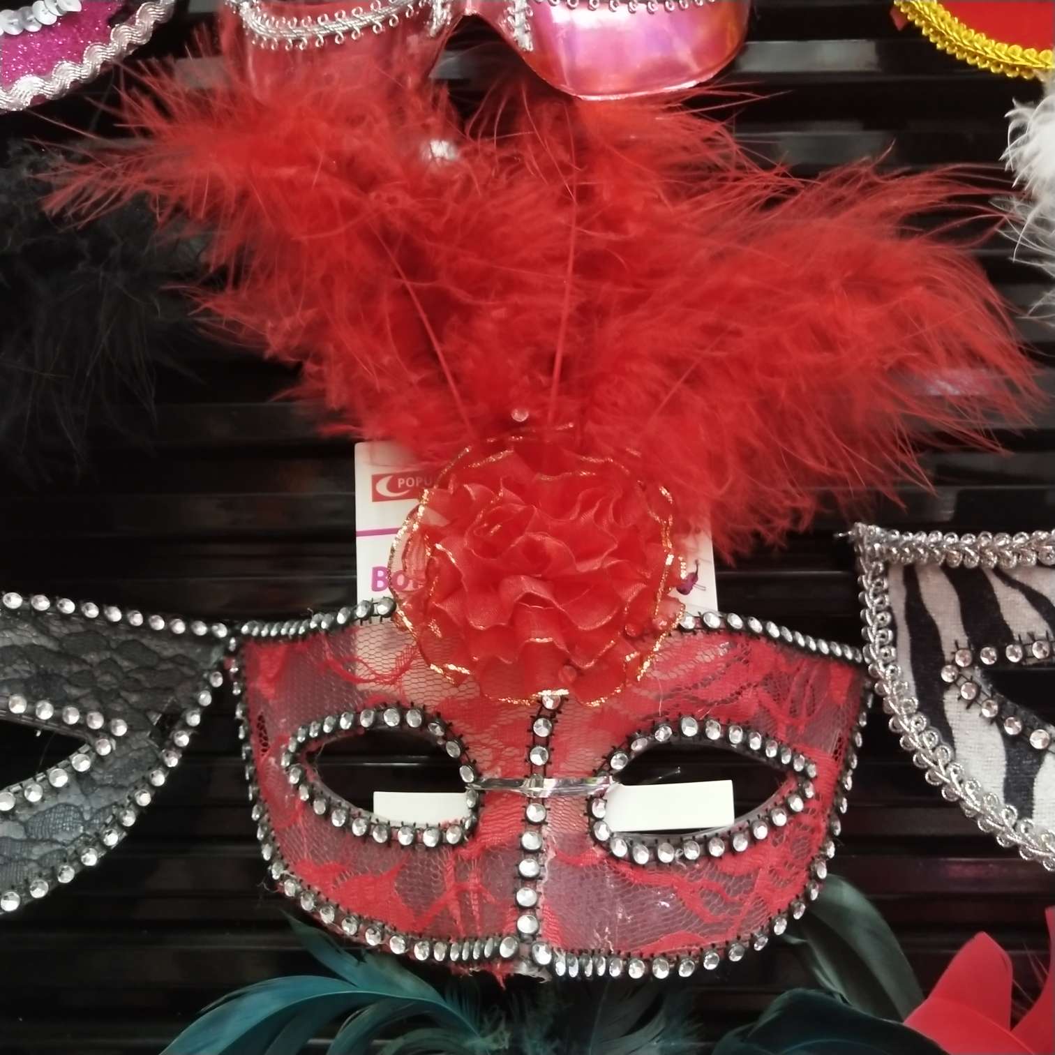 A feathered half-face party mask