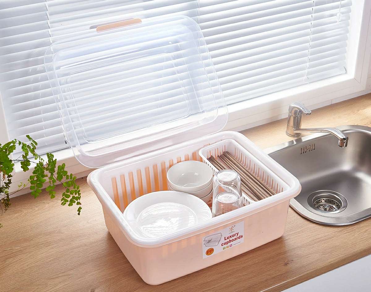 Bowl box, storage box for bowls and chopsticks, draining bowl rack, kitchen household covered magic tool, large storage rack, plastic bowl cabinet details Picture