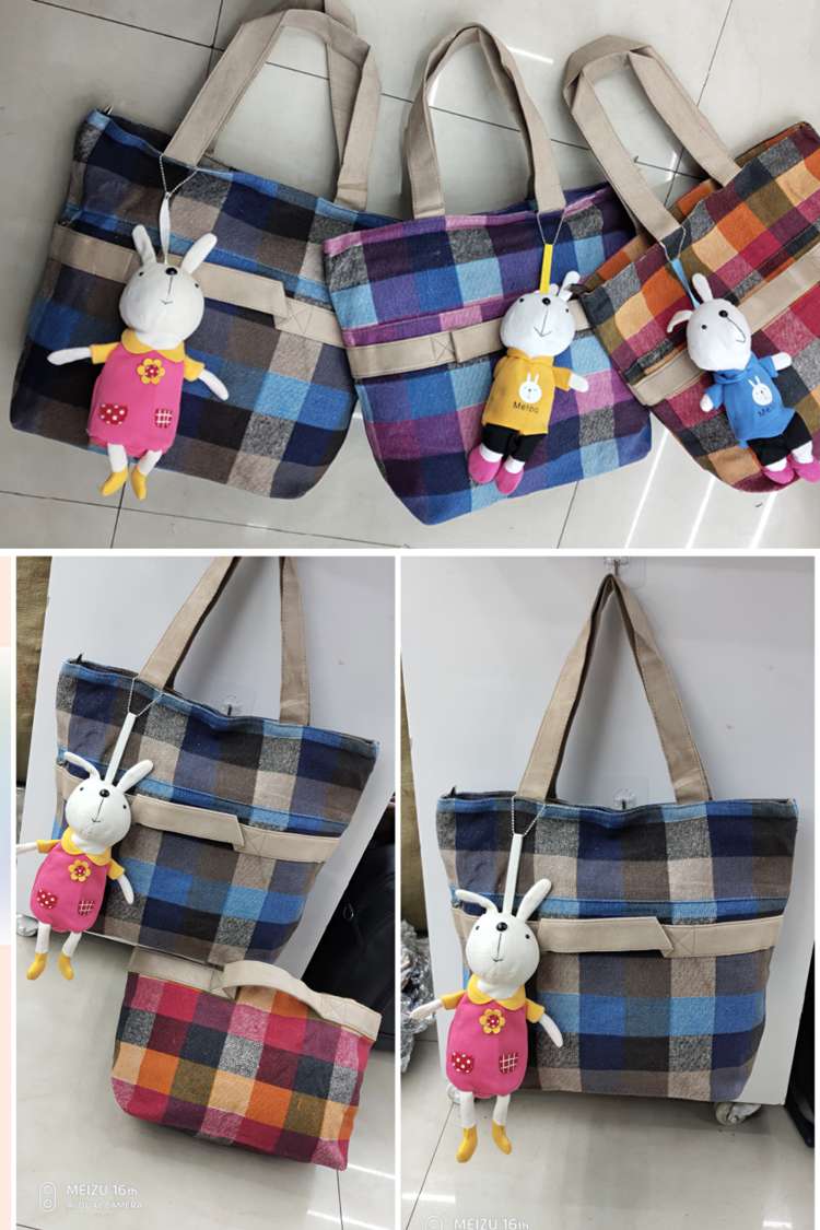 单肩帆布包 学生包  格子布包  带笔袋